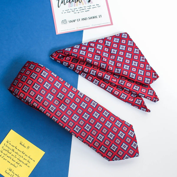 Red Geometric Necktie & Pocket Square Giftset - TOSSIDO