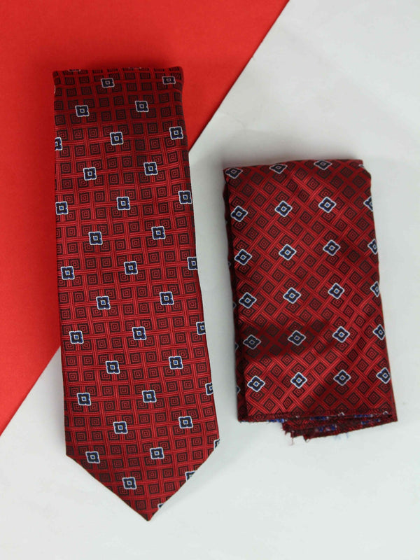 Red Geometric Necktie & Pocket Square Giftset - TOSSIDO