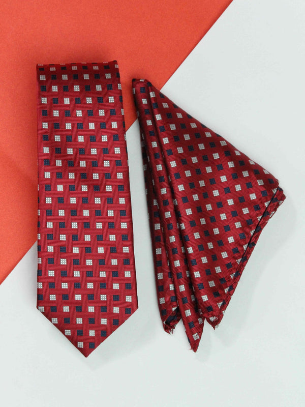 Red Geometric Necktie & Pocket Square Giftset - TOSSIDO