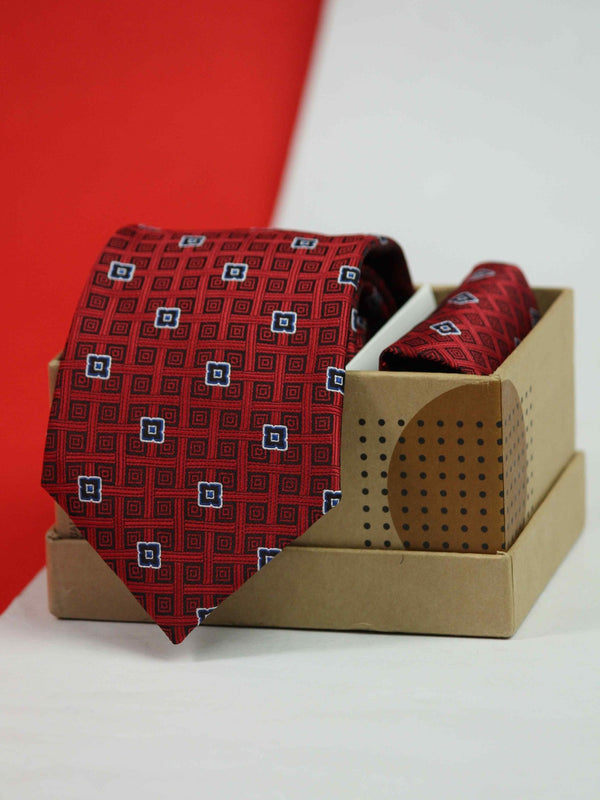 Red Geometric Necktie & Pocket Square Giftset - TOSSIDO