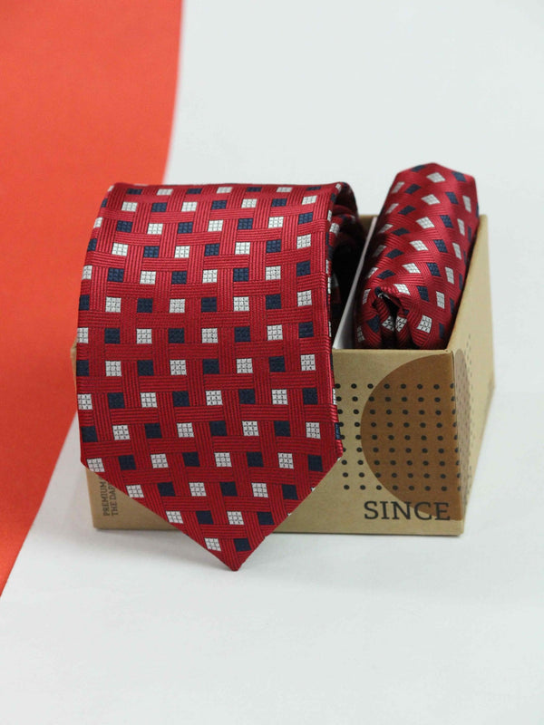 Red Geometric Necktie & Pocket Square Giftset - TOSSIDO