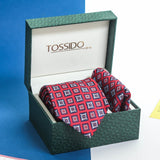 Red Geometric Necktie & Pocket Square Giftset - TOSSIDO