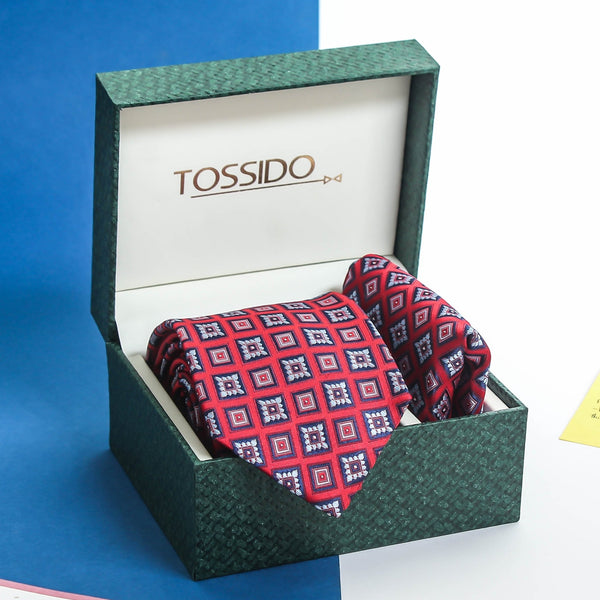 Red Geometric Necktie & Pocket Square Giftset - TOSSIDO