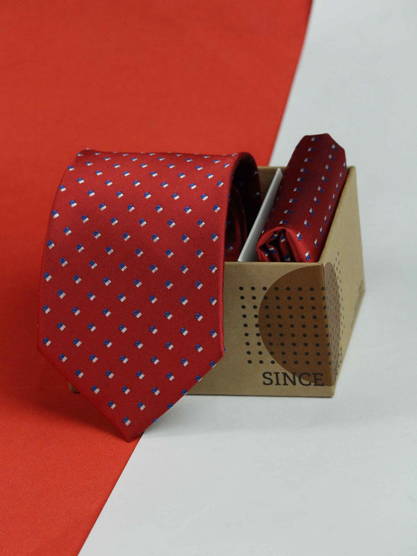 Red Geometric Necktie & Pocket Square Giftset - TOSSIDO