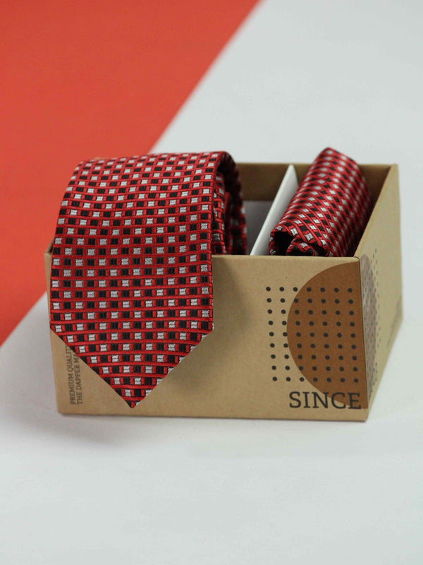 Red Geometric Necktie & Pocket Square Giftset - TOSSIDO