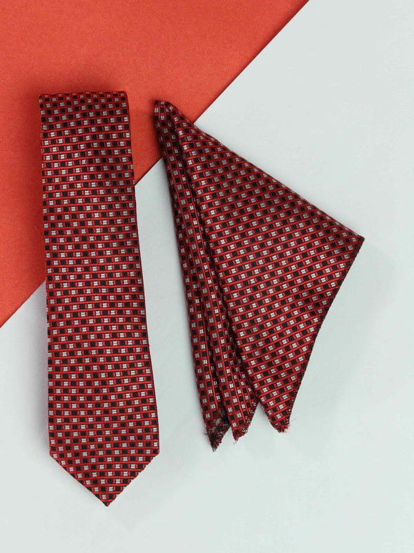 Red Geometric Necktie & Pocket Square Giftset - TOSSIDO