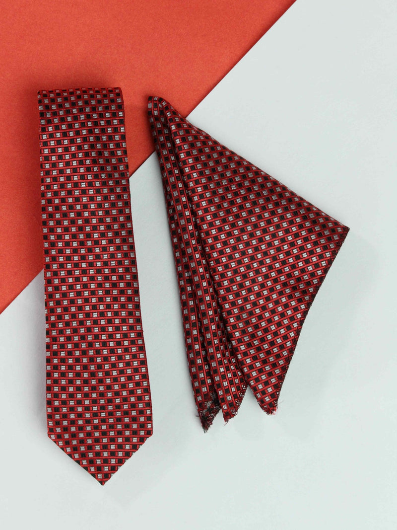 Red Geometric Necktie & Pocket Square Giftset - TOSSIDO