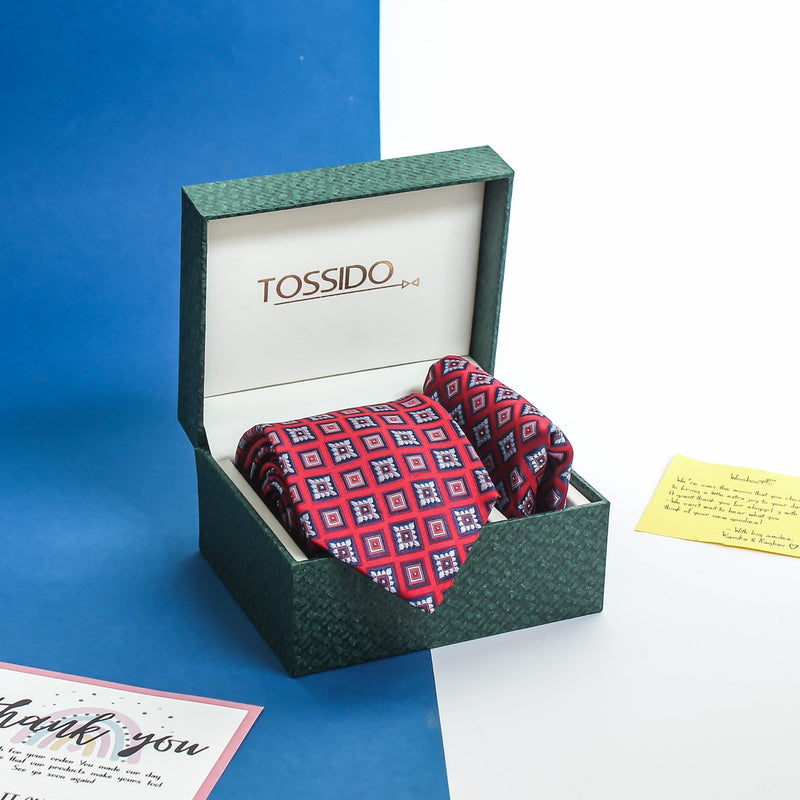 Red Geometric Necktie & Pocket Square Giftset - TOSSIDO