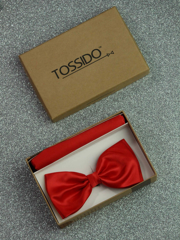 Red Solid Bowtie & Pocket Square Set - TOSSIDO