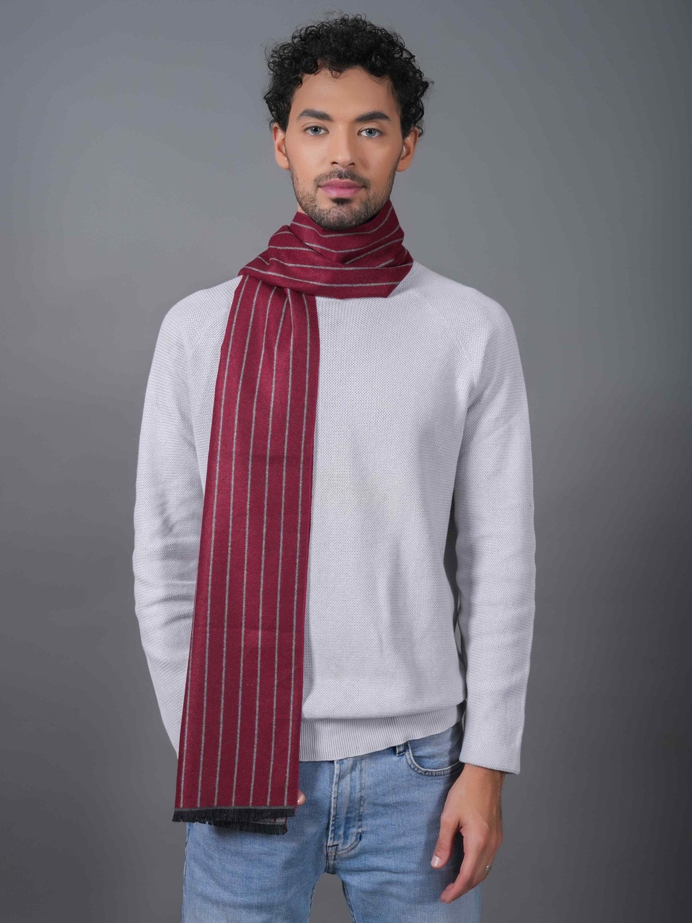 小物 AEAE STRIPE TASSEL MUFFLER BURGUNDY Men's Claret Wool Challis Muffler Scarf | Cordings US