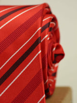 Red stripe necktie in woven microfiber, tied view