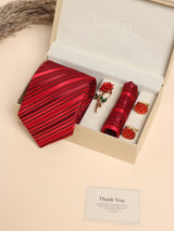 Red Striped Necktie Pocket Square Brooch & Cufflinks Gift Set