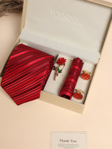 Red Striped Necktie Pocket Square Brooch & Cufflinks Gift Set