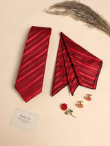 Red Striped Necktie Pocket Square Brooch & Cufflinks Gift Set