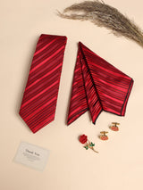 Red Striped Necktie Pocket Square Brooch & Cufflinks Gift Set - TOSSIDO