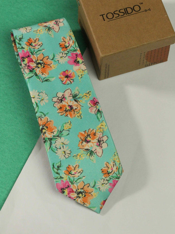 Sea Green Floral Printed Necktie - TOSSIDO