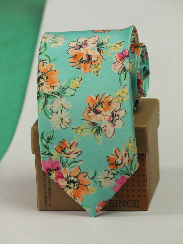 Sea Green Floral Printed Necktie - TOSSIDO