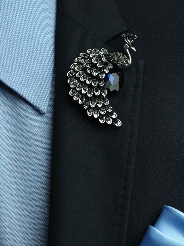 Silver & Blue Peacock Brooch - TOSSIDO