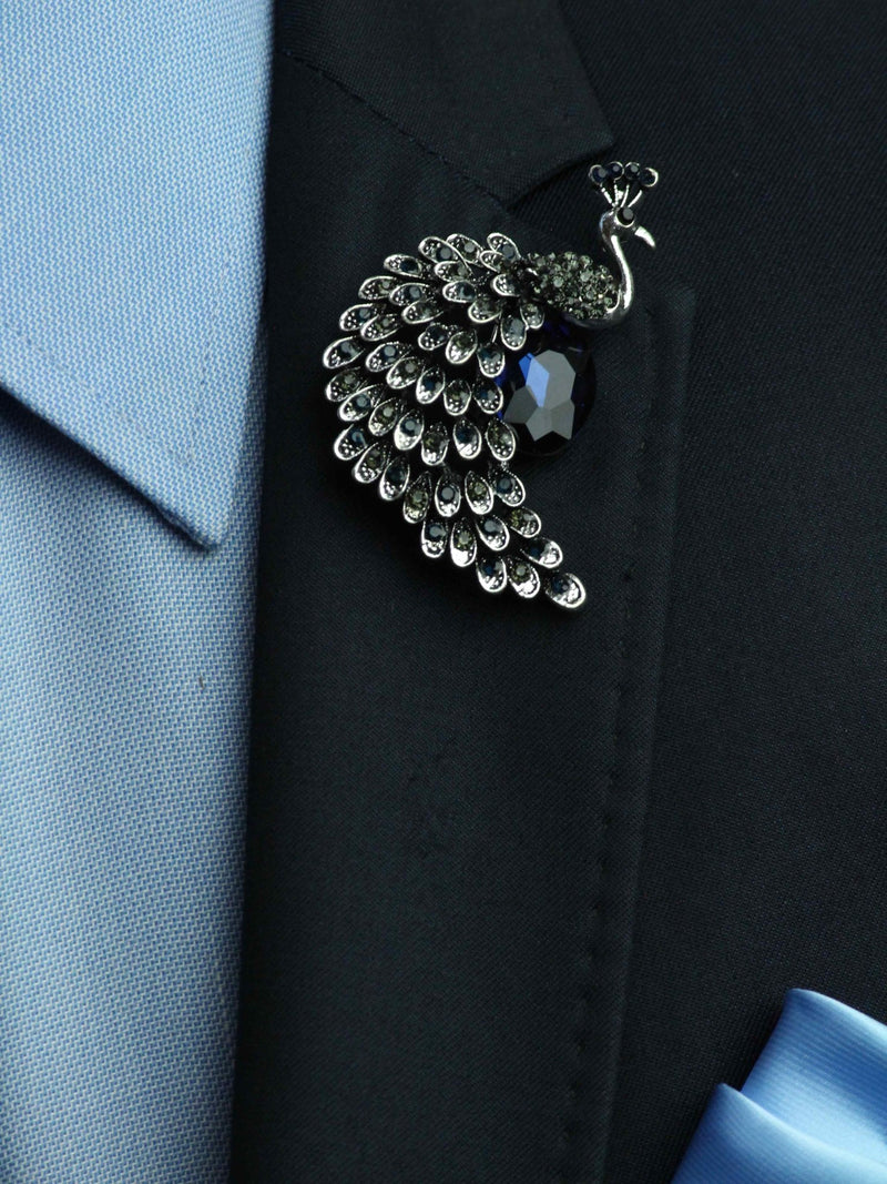 Silver & Blue Peacock Brooch - TOSSIDO