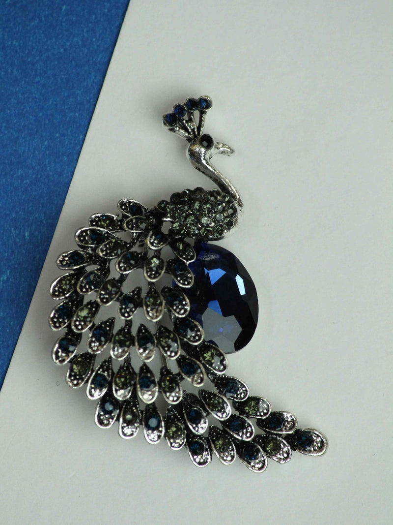 Silver & Blue Peacock Brooch - TOSSIDO