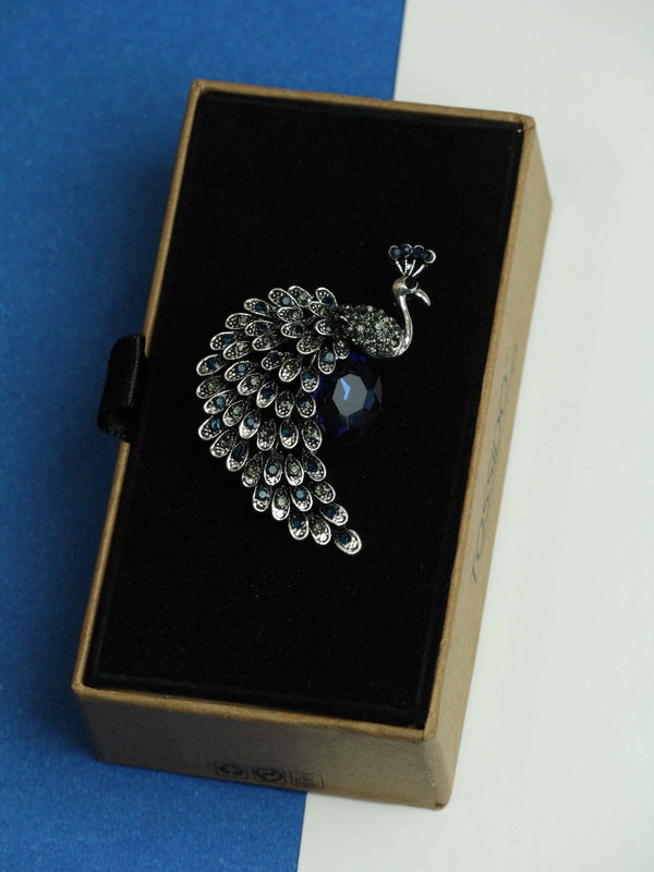 Silver & Blue Peacock Brooch - TOSSIDO