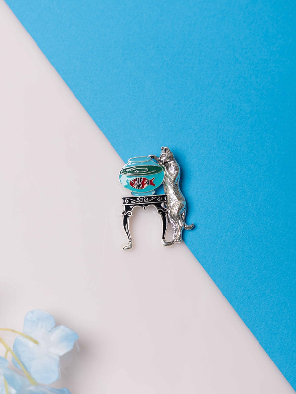 Silver Cat & Fishbowl Brooch - TOSSIDO