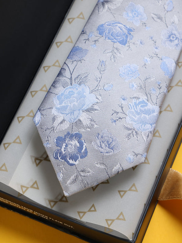 Silver Floral Woven Silk Necktie - TOSSIDO