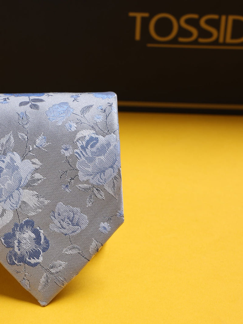 Silver Floral Woven Silk Necktie - TOSSIDO