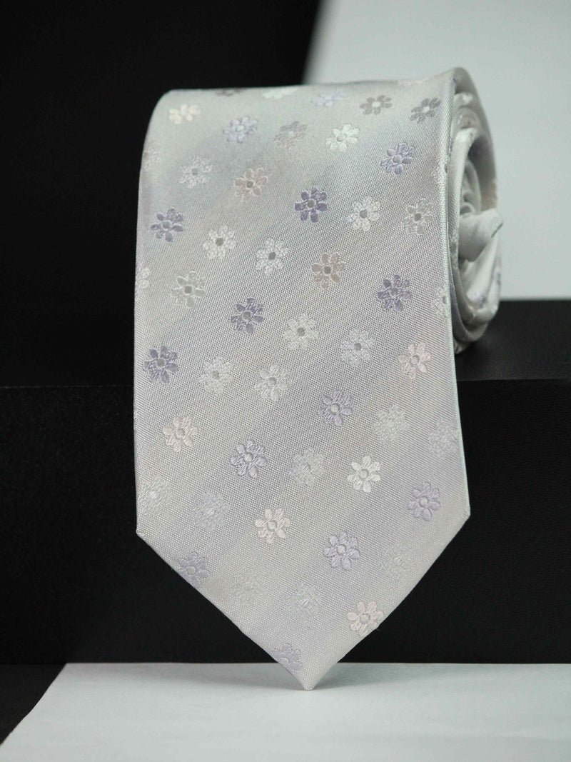 Silver Floral Woven Silk Necktie - TOSSIDO