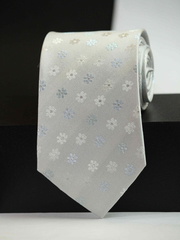Silver Floral Woven Silk Necktie - TOSSIDO