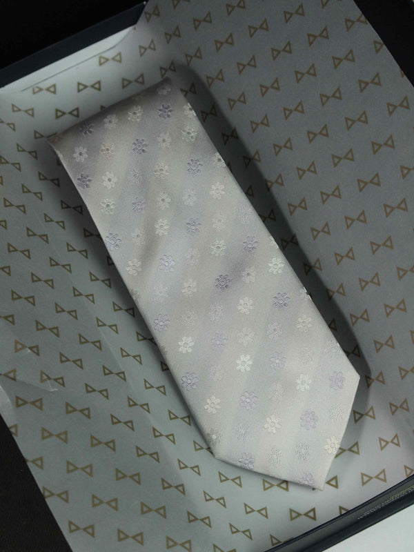 Silver Floral Woven Silk Necktie - TOSSIDO