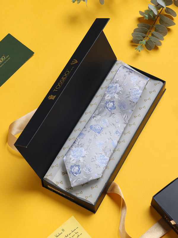 Silver Floral Woven Silk Necktie - TOSSIDO