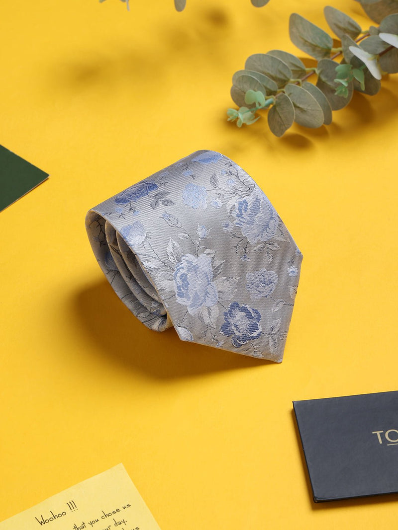 Silver Floral Woven Silk Necktie - TOSSIDO