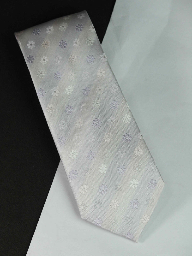 Silver Floral Woven Silk Necktie - TOSSIDO