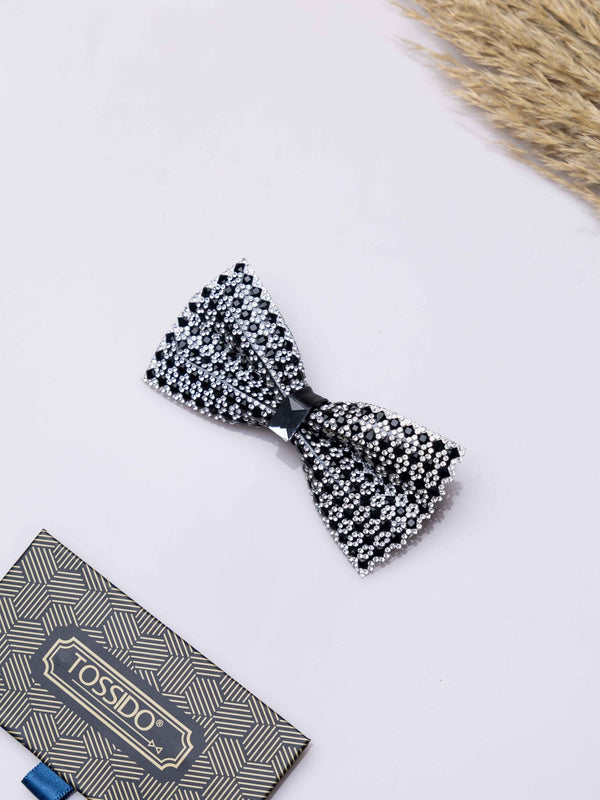 Silver Grid Studded Bowtie Brooch - TOSSIDO
