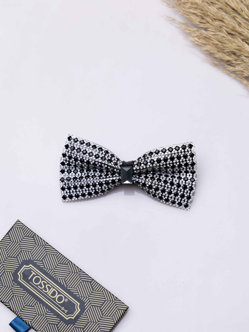 Silver Grid Studded Bowtie Brooch - TOSSIDO