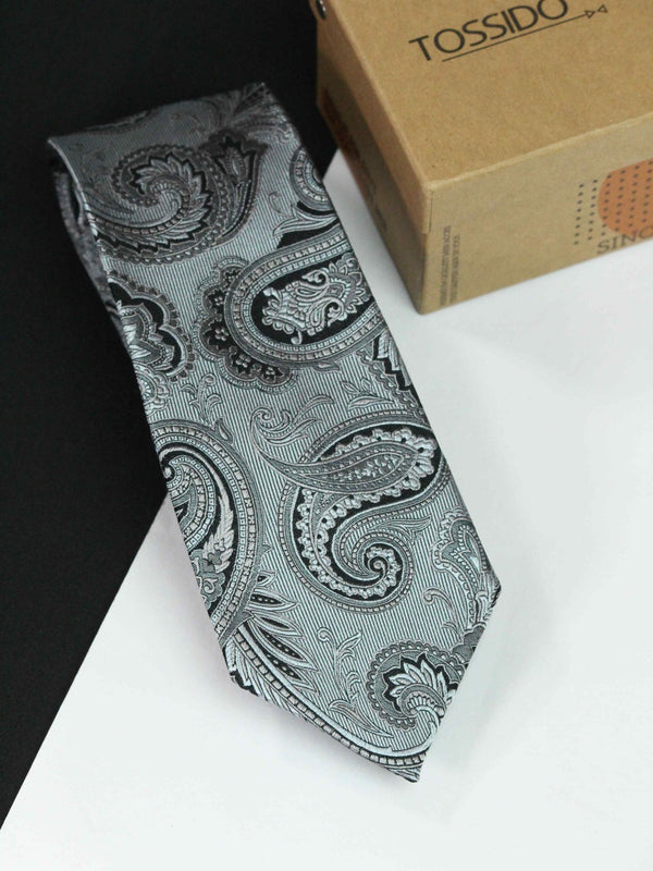 Silver Paisley Handmade Silk Necktie - TOSSIDO