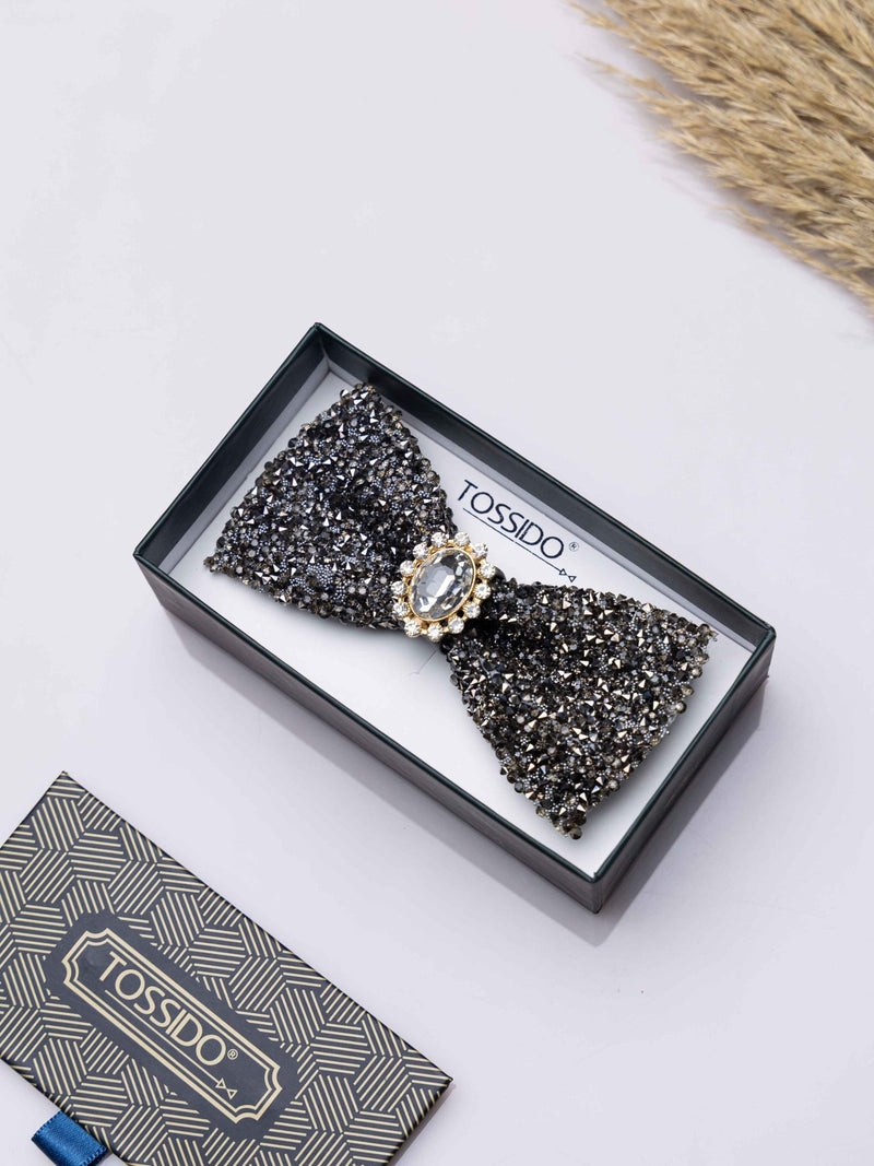 Silver Smoke Crystal Bowtie Brooch - TOSSIDO