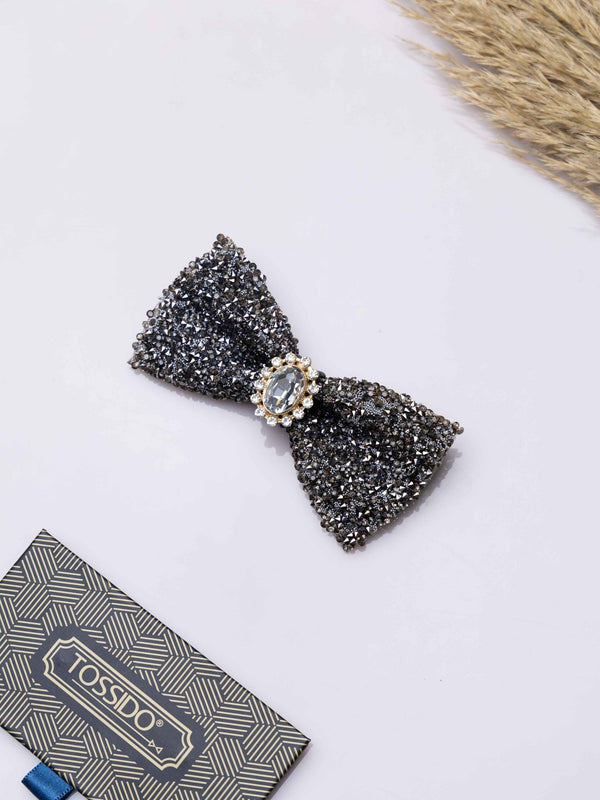 Silver Smoke Crystal Bowtie Brooch - TOSSIDO