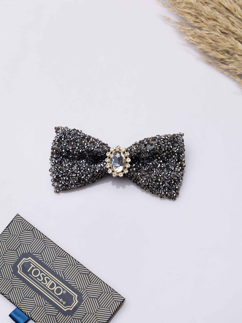 Silver Smoke Crystal Bowtie Brooch - TOSSIDO