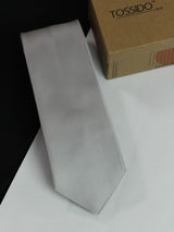 Silver solid necktie in woven microfiber, flat lay