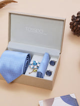 Sky Blue Geometric Necktie Pocket Square Brooch & Cufflinks Giftset - TOSSIDO