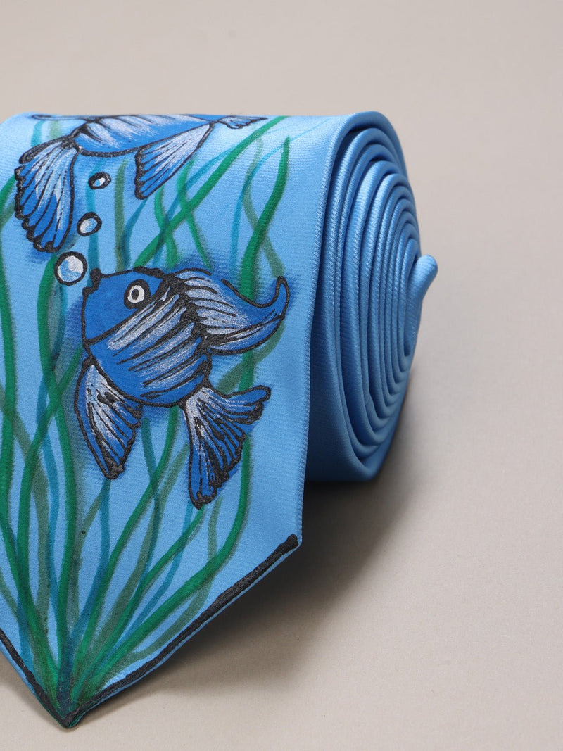 Sky Blue Hand - Painted Woven Necktie – Fish Pattern - TOSSIDO