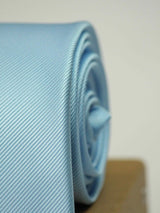 Sky Blue solid necktie in woven microfiber, tied view