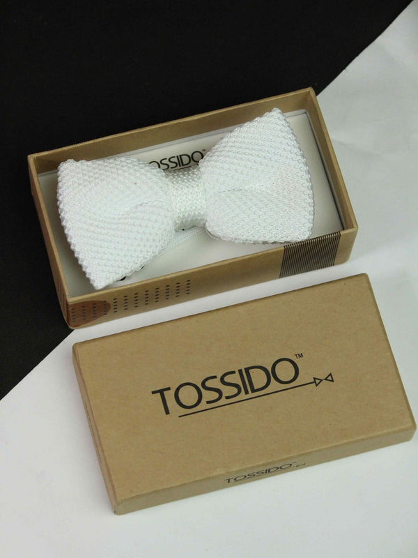 Solid White Knitted Bow Tie - TOSSIDO