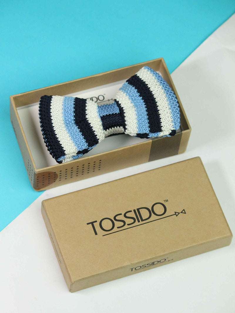 Striped Blue & White Knitted Bow Tie - TOSSIDO