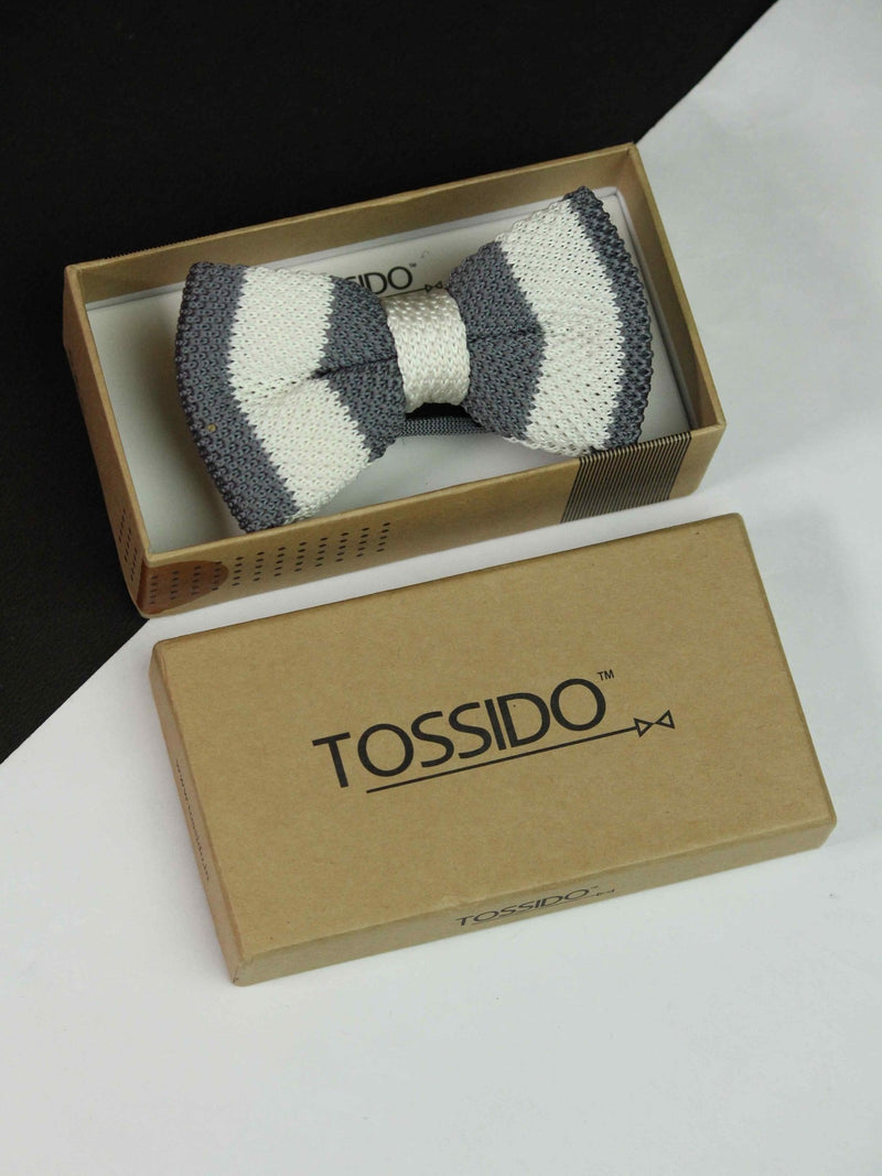 Striped Grey & White Knitted Bow Tie - TOSSIDO