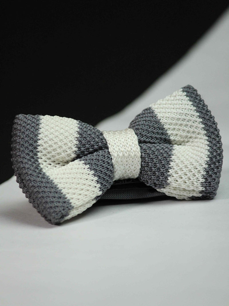 Striped Grey & White Knitted Bow Tie - TOSSIDO