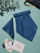 Teal Blue Tonal Paisley Woven Cravat & Pocket Square Set - TOSSIDO