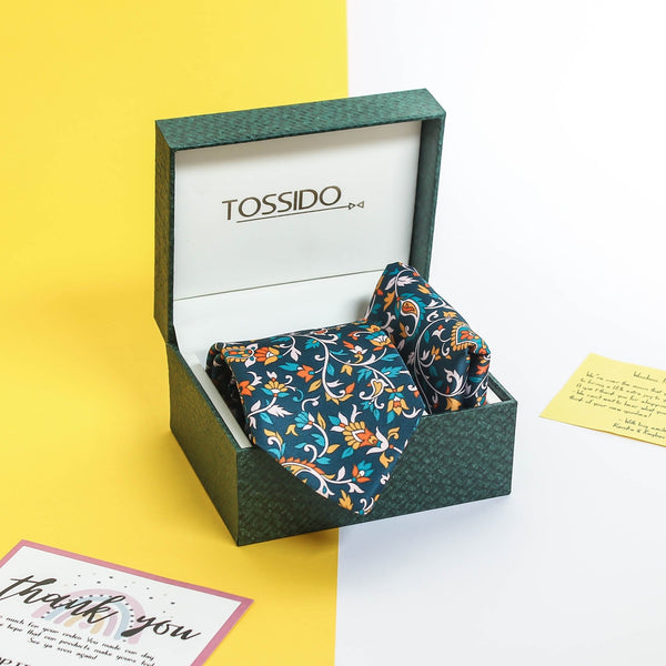 Teal Floral Printed Necktie & Pocket Square Giftset - TOSSIDO